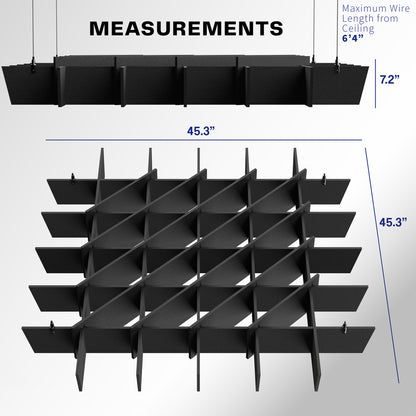 A black acoustic dual-layer ceiling waffle panel with a geometric pattern with text on measurements. 