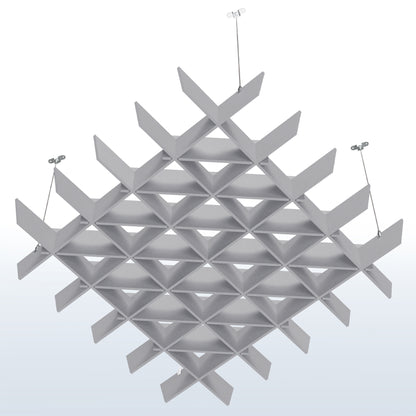 A light gray acoustic dual-layer ceiling waffle panel with a geometric pattern, mounted on a ceiling.