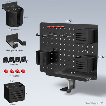 Clamp-on 360-degree rotating pegboard for storage and privacy with accessories included. Double-sided organization panel featuring above or below desk installation and an easy assembly process.