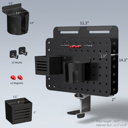 Clamp-on 360-degree rotating pegboard panel with laptop holder for storage and privacy with accessories included. Featuring flexible placement and an easy assembly process.