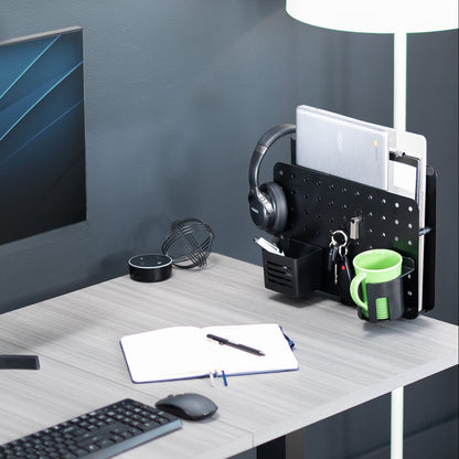 Clamp-on 360-degree rotating pegboard panel with laptop holder for storage and privacy with accessories included. Featuring flexible placement and an easy assembly process.
