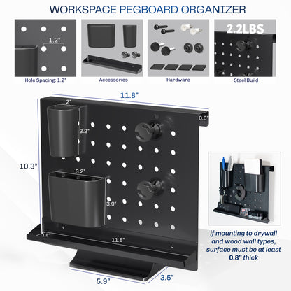 A black pegboard desk organizer with various slots and holders for office supplies and a mobile phone.