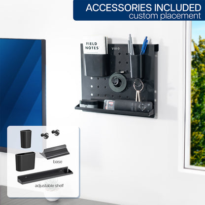 A black pegboard desk organizer with various slots and holders for office supplies and a mobile phone.