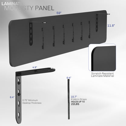 A black laminate modesty panel with text on measurements 