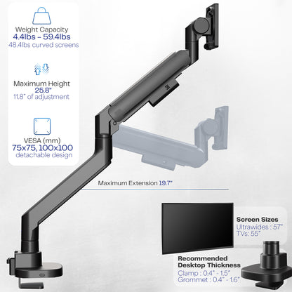 Pneumatic Arm Single Ultrawide Monitor Desk Mount - Up to 57" Screens