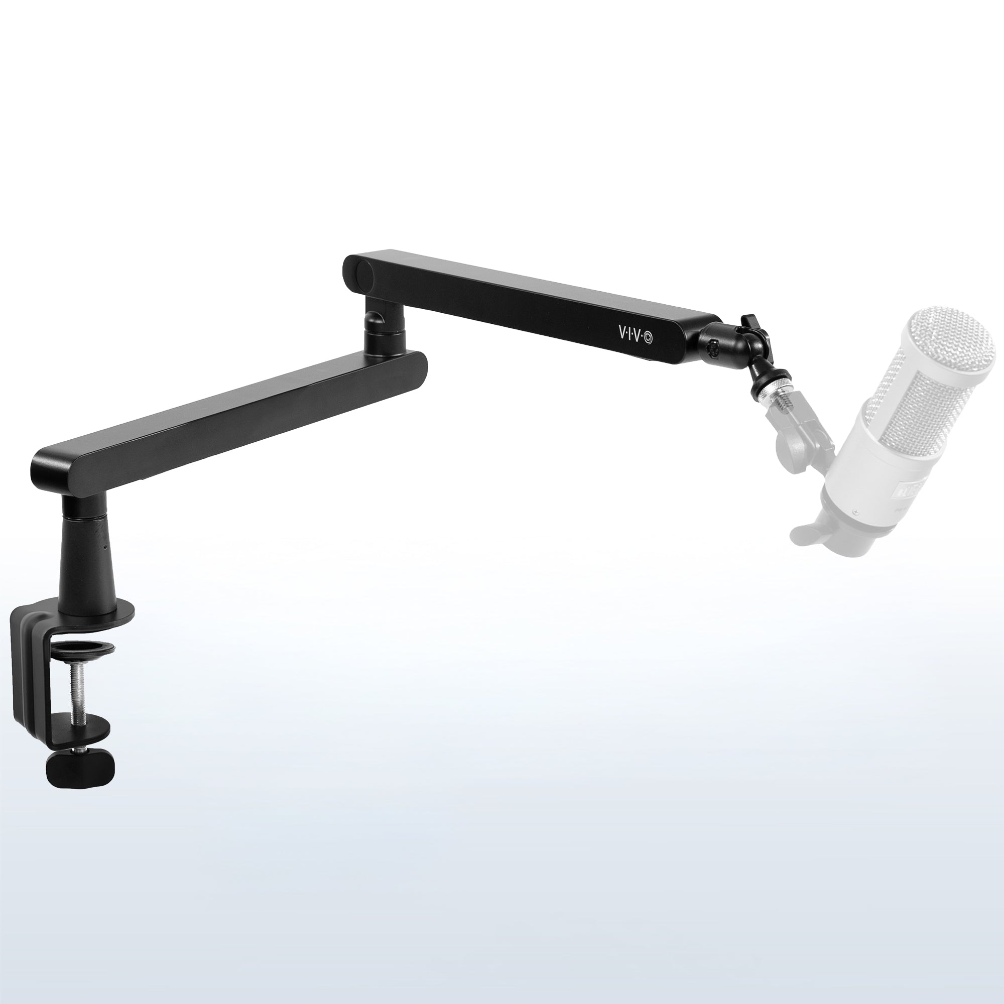Low height adjustable clamp-on microphone arm desk mount.