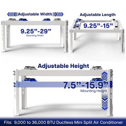 Adjustable rack system with measurements for width, length, and height on a white background.
