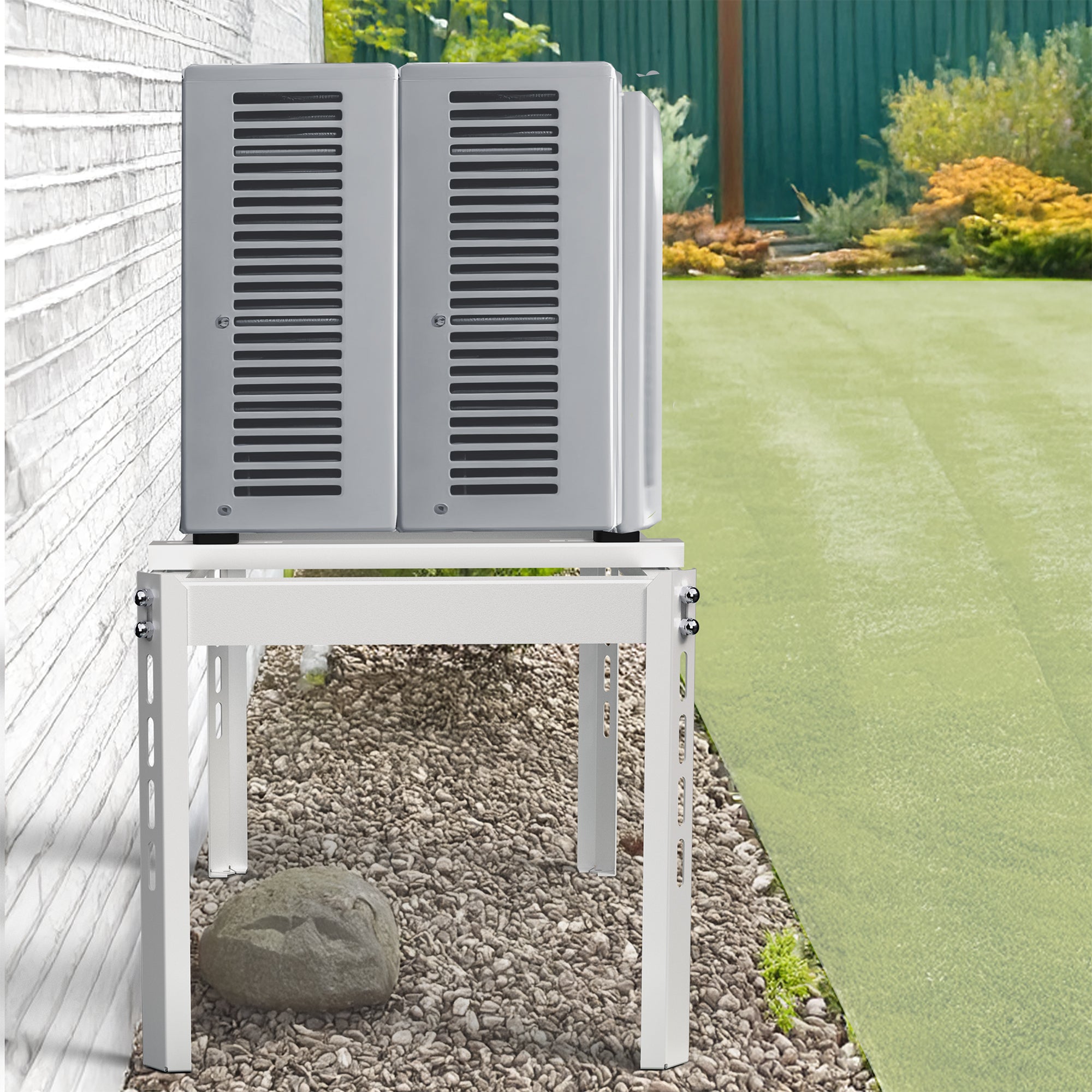 Side view of Mini Split Air Conditioner Ground Stand with AC unit on it, standing in rocks by building.