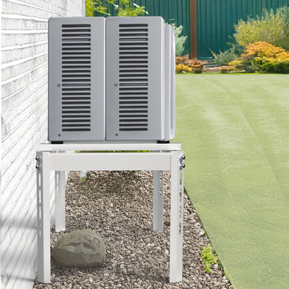 Side view of Mini Split Air Conditioner Ground Stand with AC unit on it, standing in rocks by building.