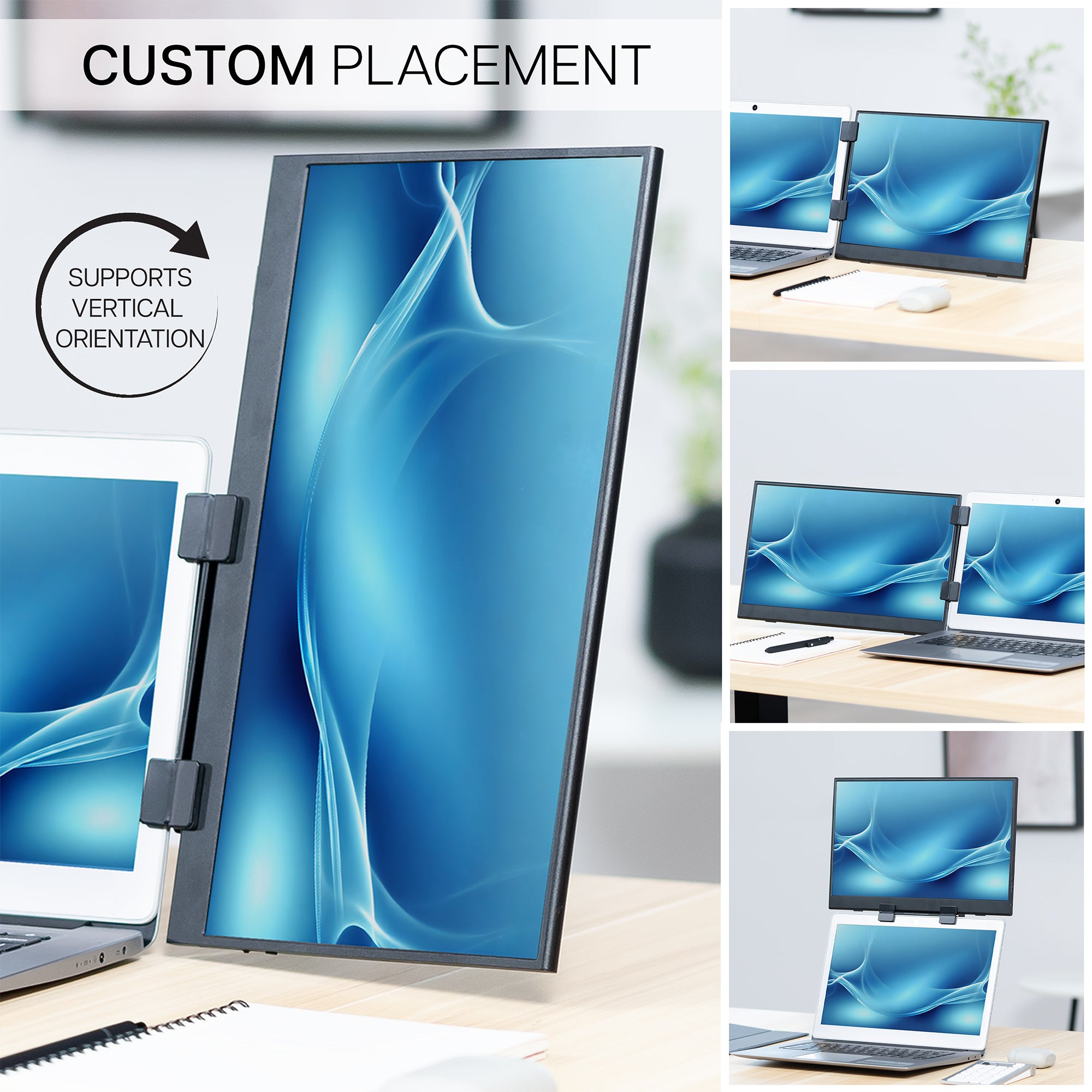 A black portable monitor laptop extension holder with a foldable design and custom placement capabilities. 