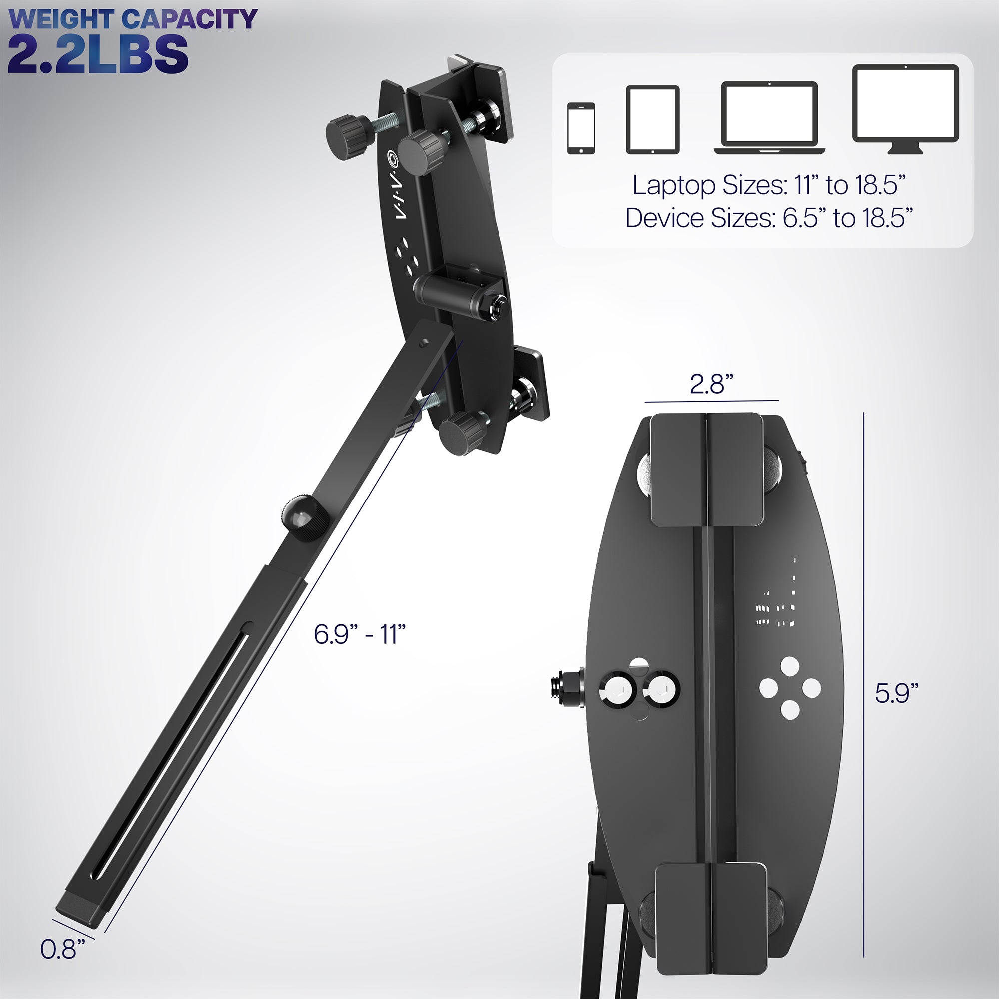 A black portable monitor laptop extension holder with a foldable design. 