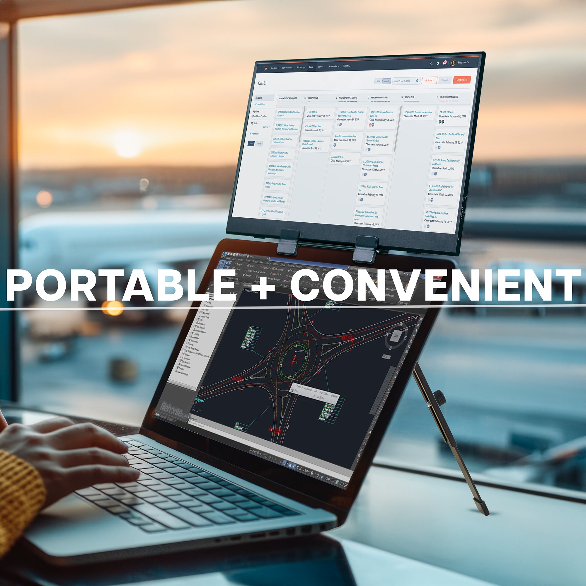 A black portable monitor laptop extension holder with a foldable design. 