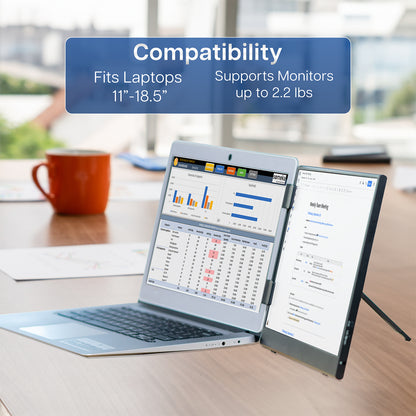 A black portable monitor laptop extension holder with compatibility graphic.  