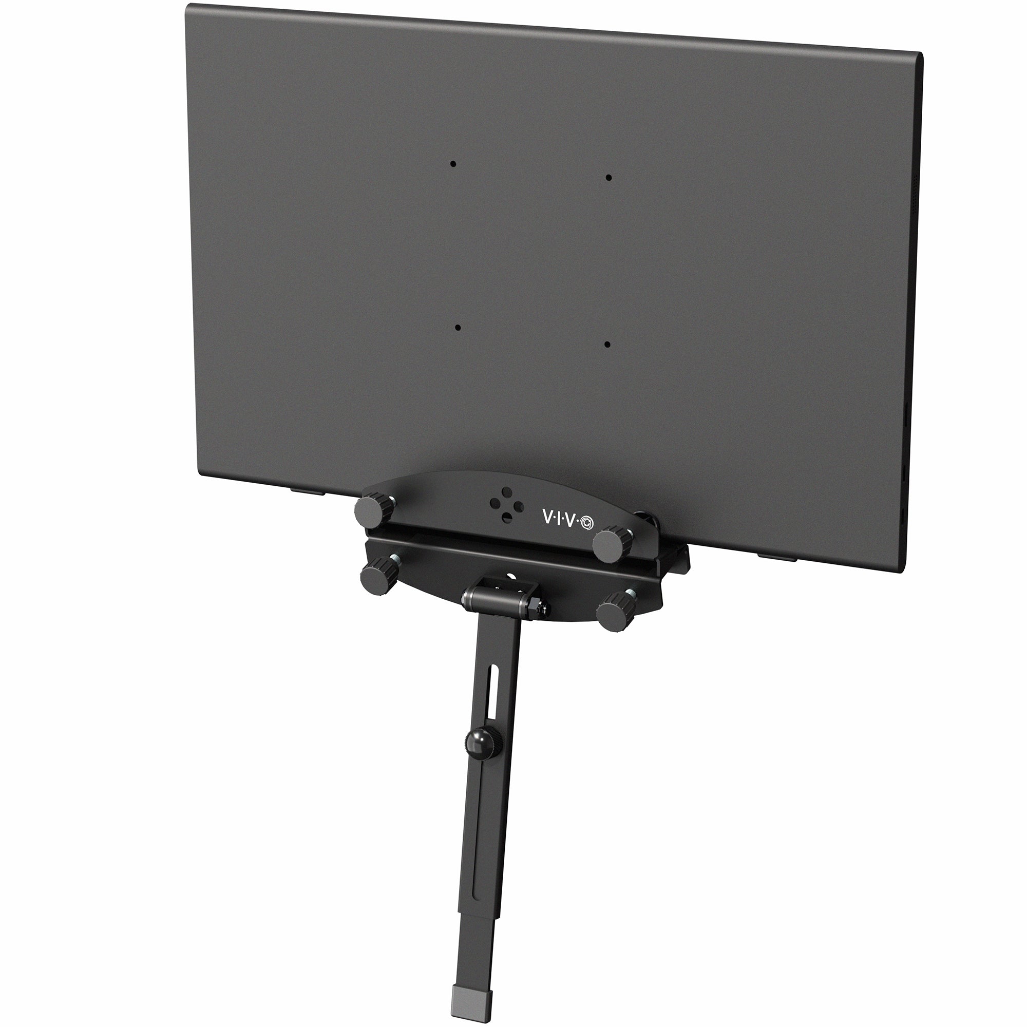 A black portable monitor laptop extension holder on a white background. 
