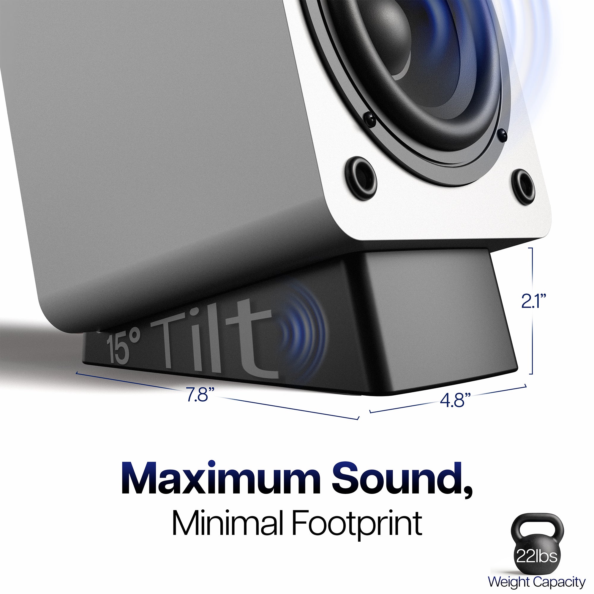 Diagram showing the 15 degree tilt and measurements for the Angled Desktop Speaker Stand