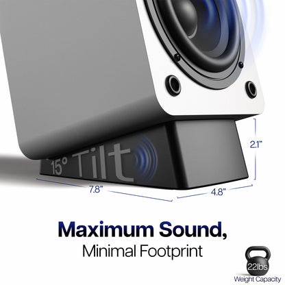 Diagram showing the 15 degree tilt and measurements for the Angled Desktop Speaker Stand