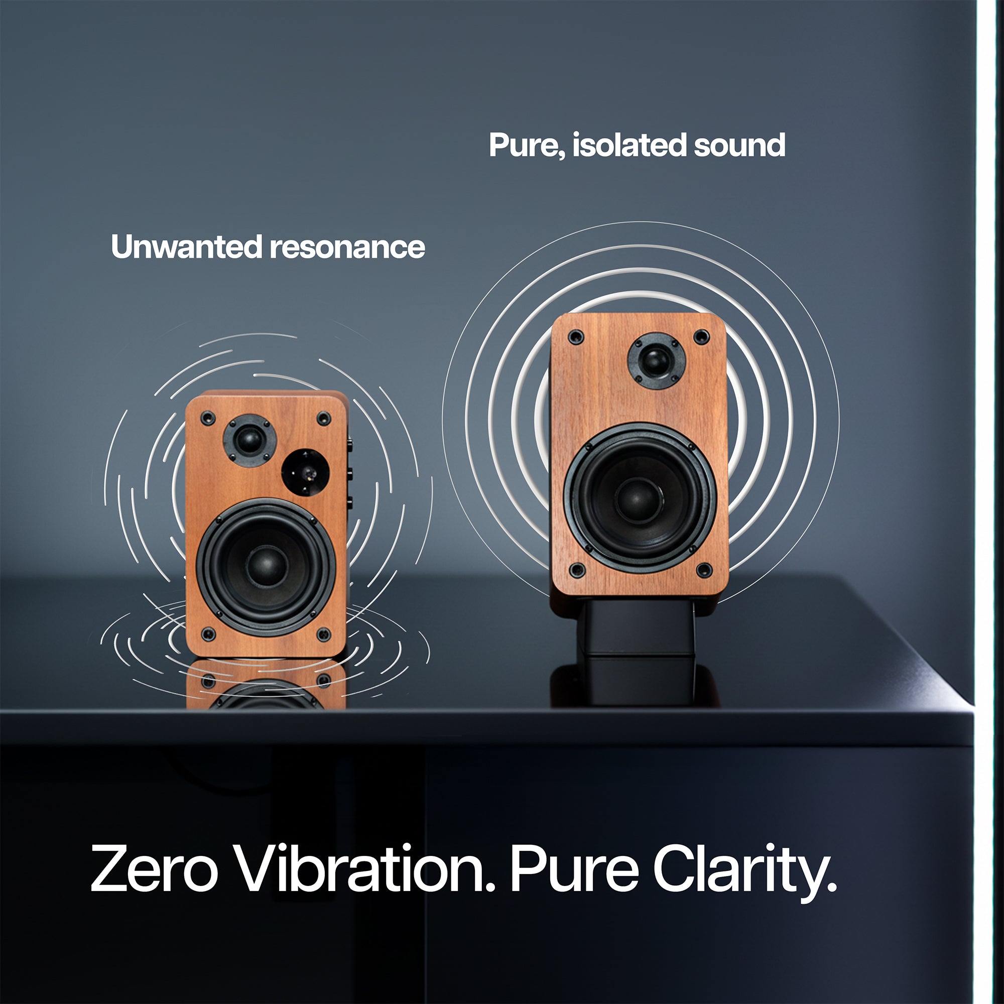 A speaker sitting directly on a desktop with broken soundwaves versus a speaker sitting on an Angled Desktop Speaker Stand with perfect soundwaves