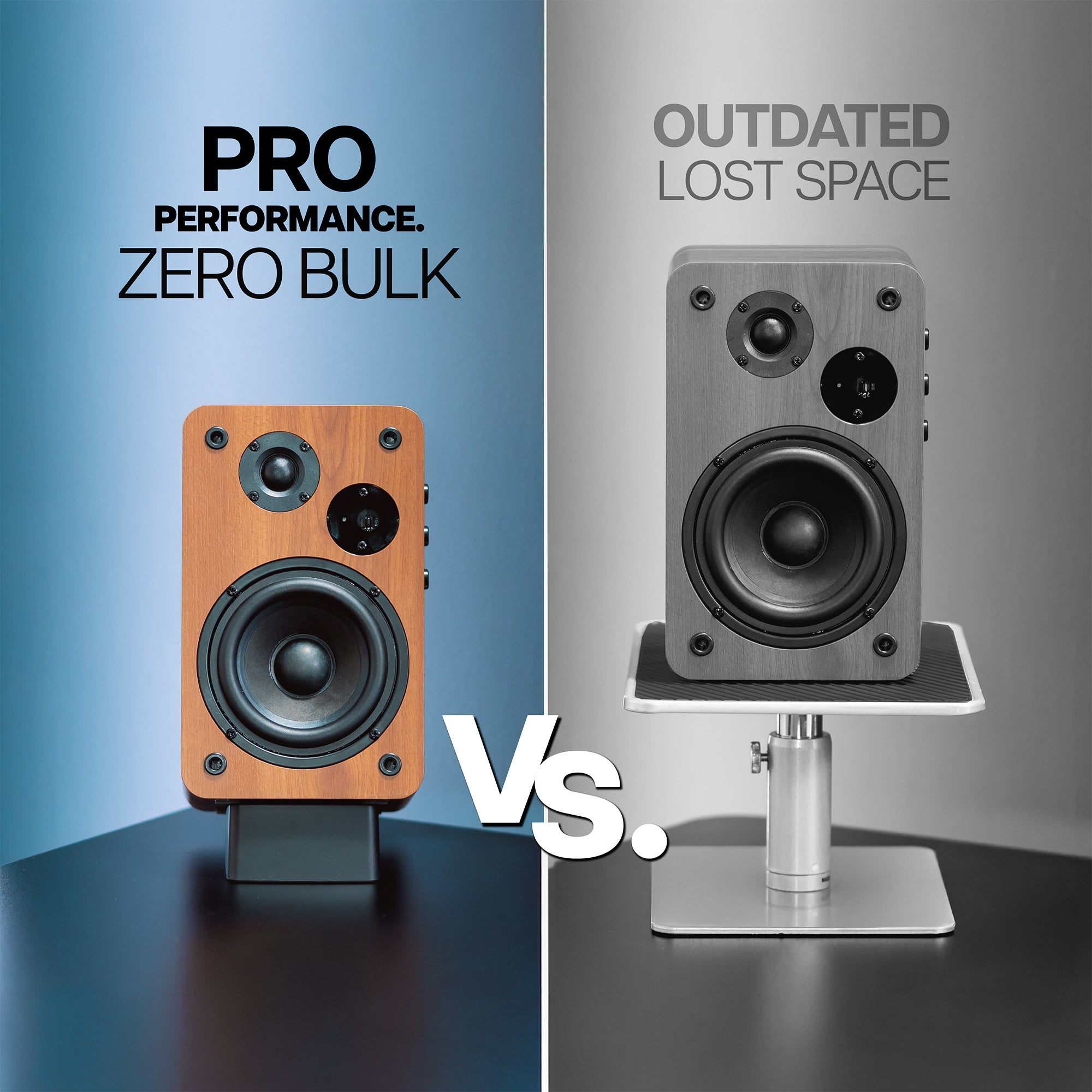 Speaker sitting on the Angled Desktop Speaker Stand versus a bulky unappealing stand 