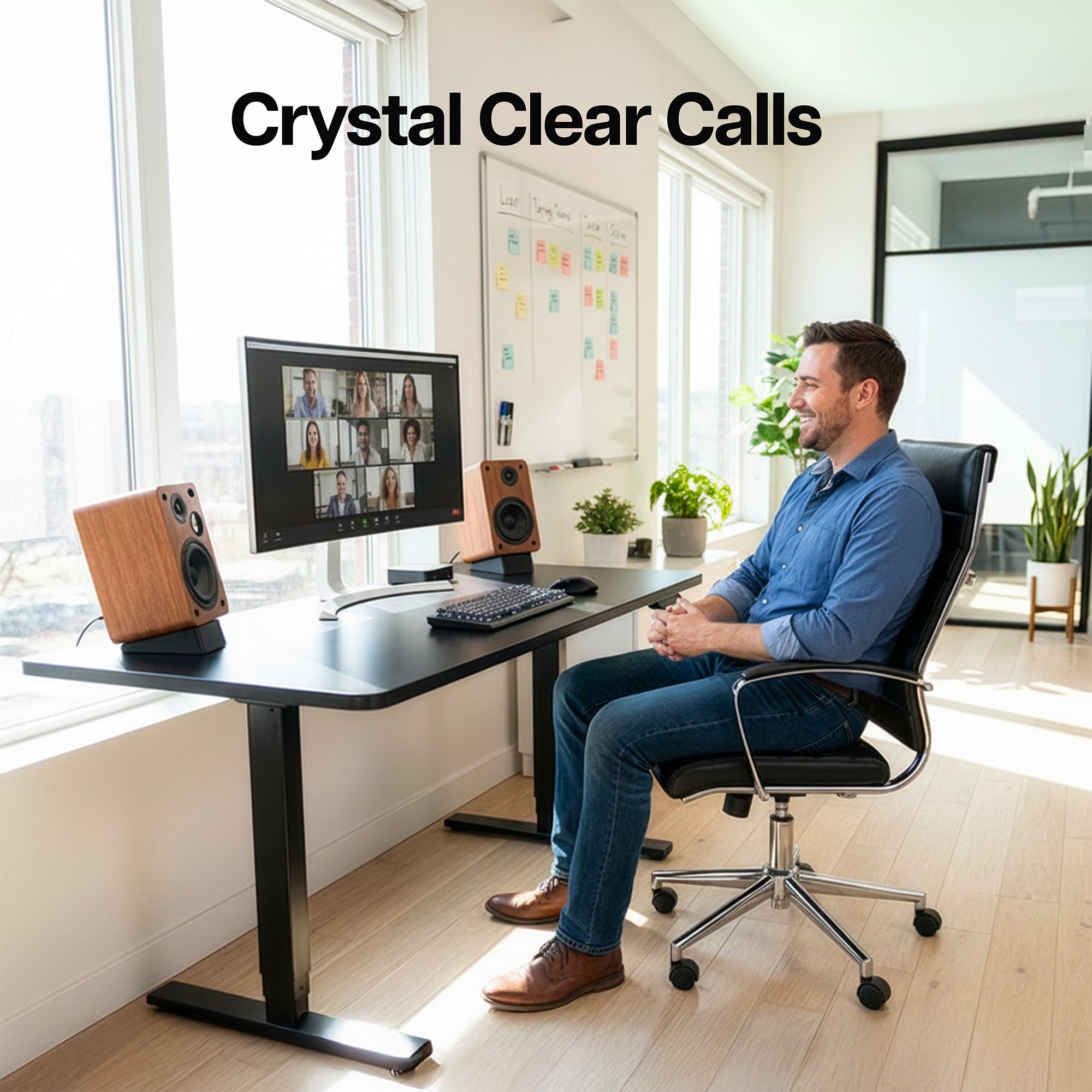 Man sitting at a desk using the Angled Desktop Speaker Stands (2 Pack) to hold speakers for a video call at his desk