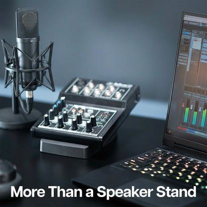 Angled Desktop Speaker Stand being used for a sound board on a desk top with a microphone and laptop next to it