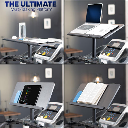 Multi-functional treadmill desk setups with laptop, tablet, phone, and book shown on desk designed for treadmills.