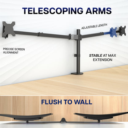 Telescoping Dual Ultrawide Monitor Desk Mount with adjustable arm length featuring a flush to wall setup.