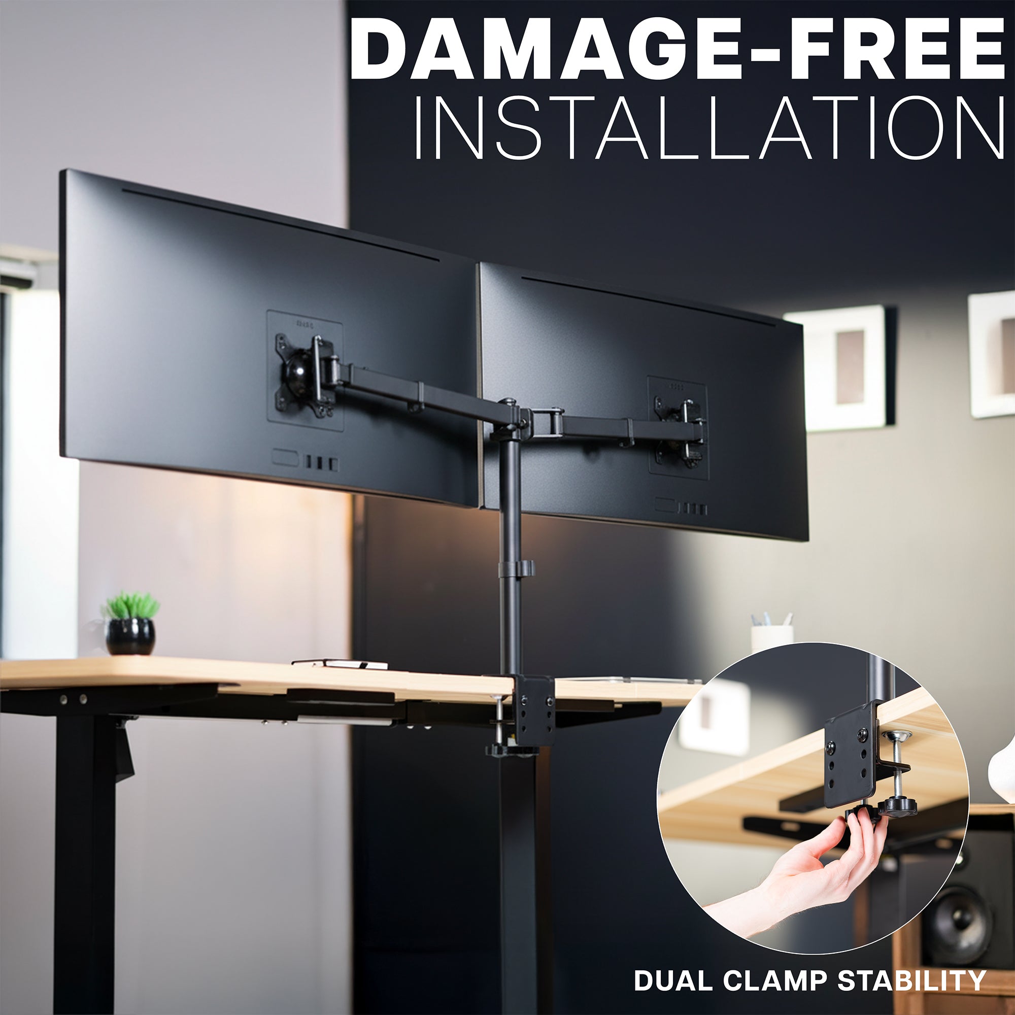 Telescoping Dual Ultrawide Monitor Desk Mount shown clamped onto a desk with 'Damage-Free Installation' text and dual clamp stability feature highlighted.