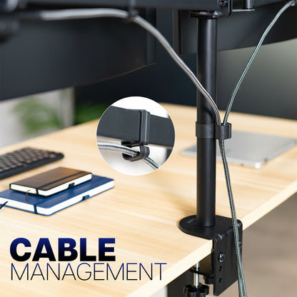 Cable management system and close-up of cable clip on a blurred office background