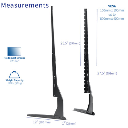 Measurement chart of a TV stand with dimensions and capacity details.