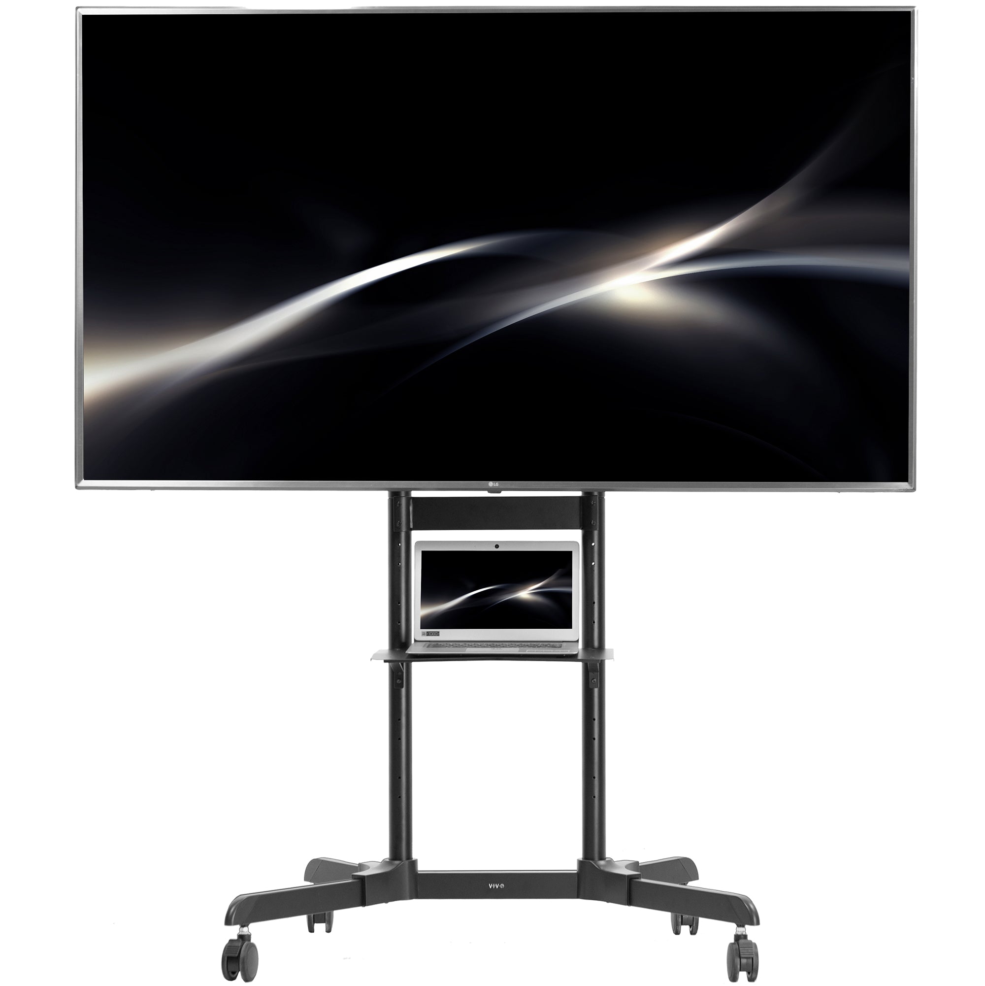 Mobile TV mount cart with media shelf and locking wheels. Stand features height adjustment, articulation, and a built-in cable management system.