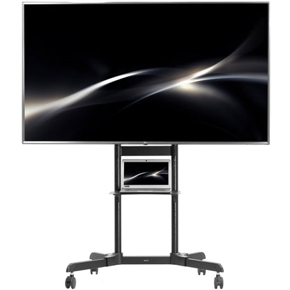 Mobile TV mount cart with media shelf and locking wheels. Stand features height adjustment, articulation, and a built-in cable management system.