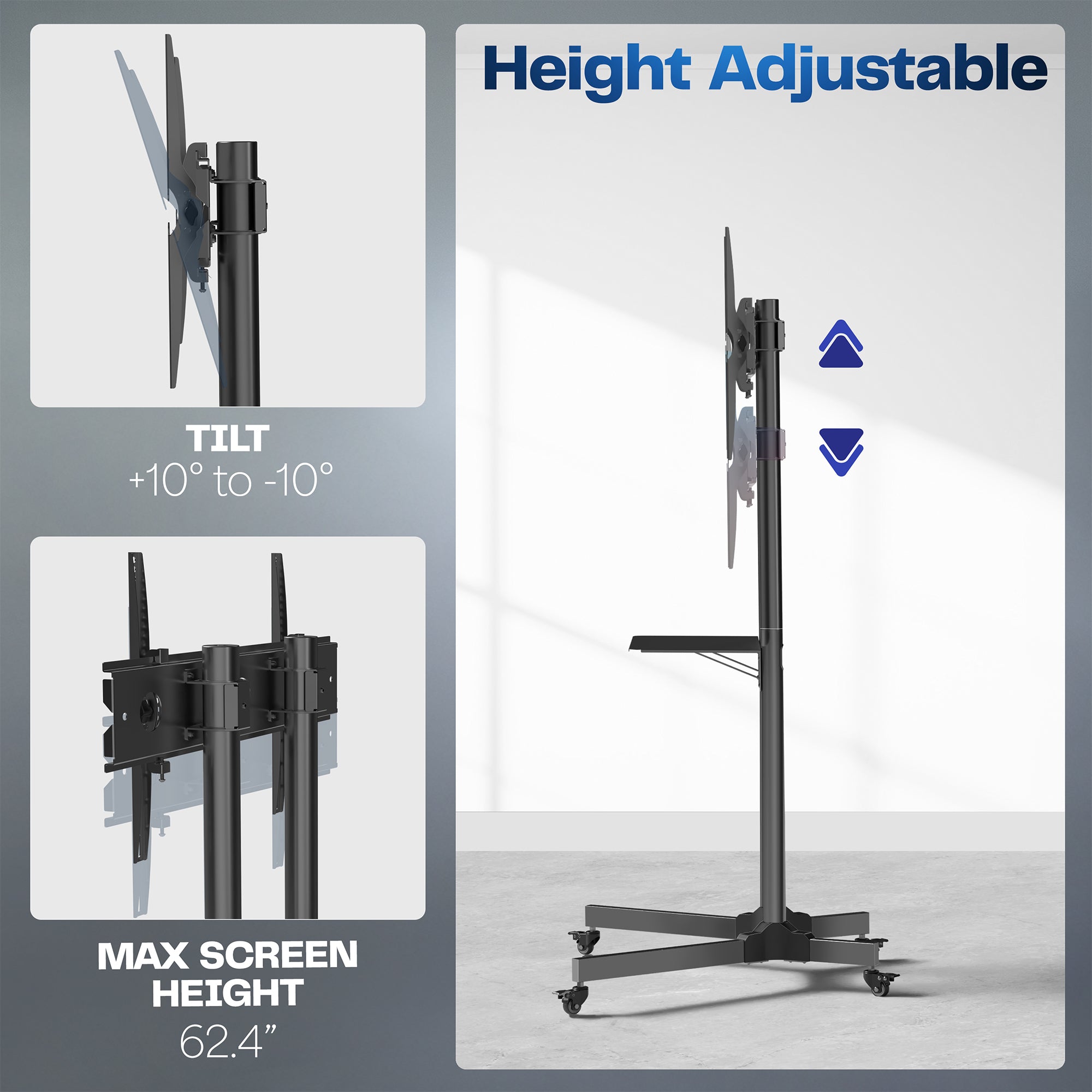 Mobile TV mount cart with media shelf and locking wheels. Stand features height adjustment, articulation, and a built-in cable management system.