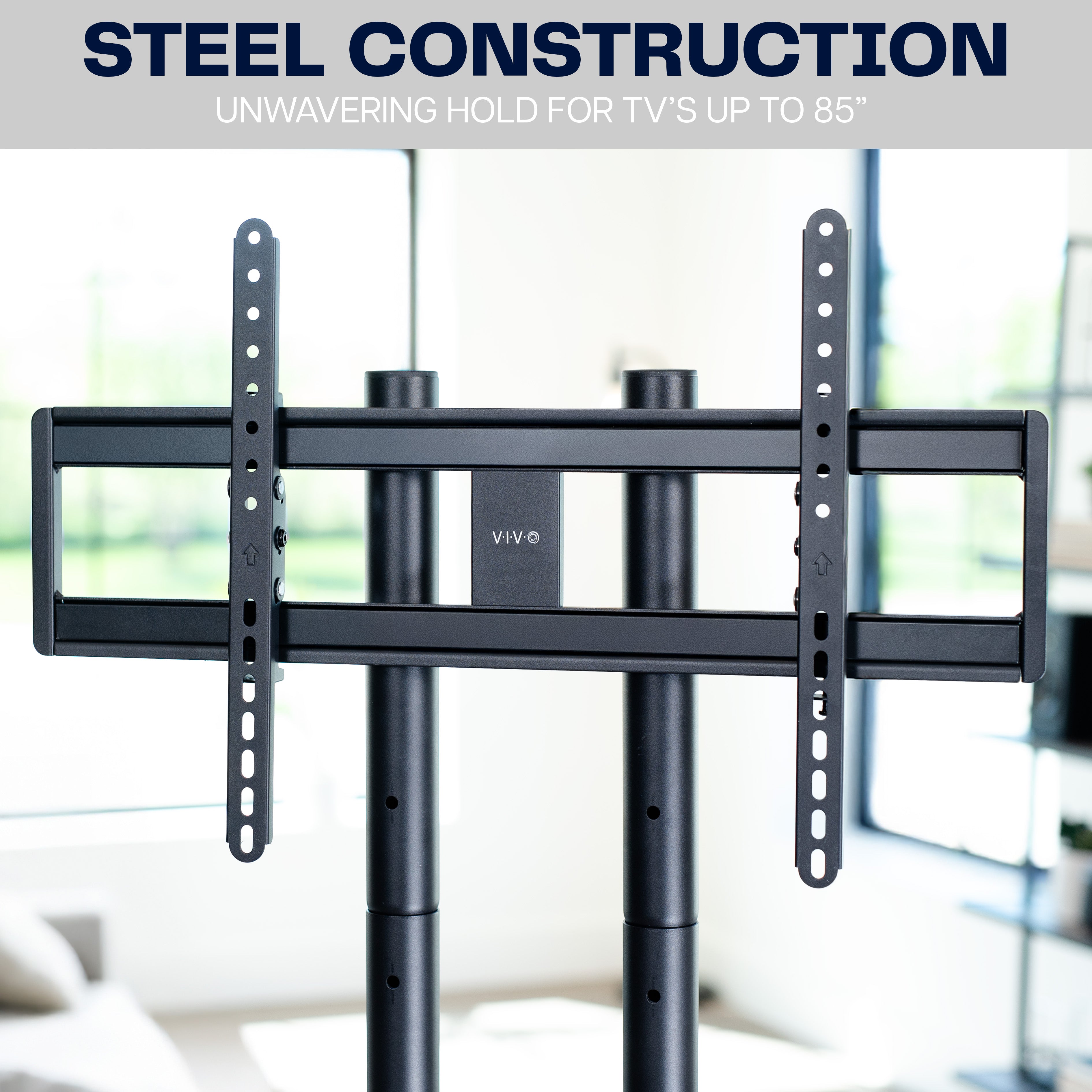Black TV stand with steel construction with text indicating support for TVs.