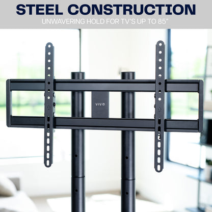 Black TV stand with steel construction with text indicating support for TVs.