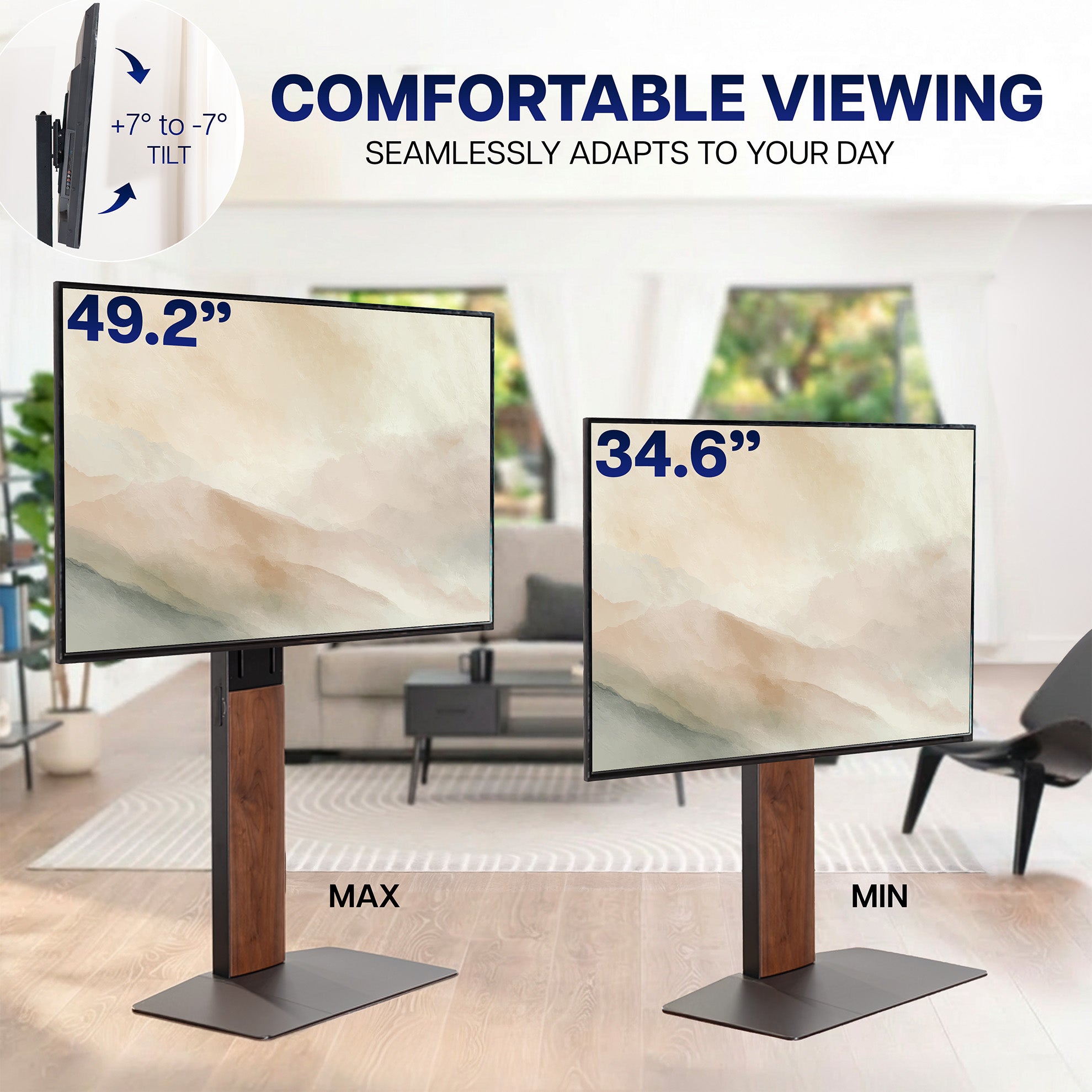 Two TVs on  TV Floor Stand with text about comfortable viewing and adaptability to different screen sizes.