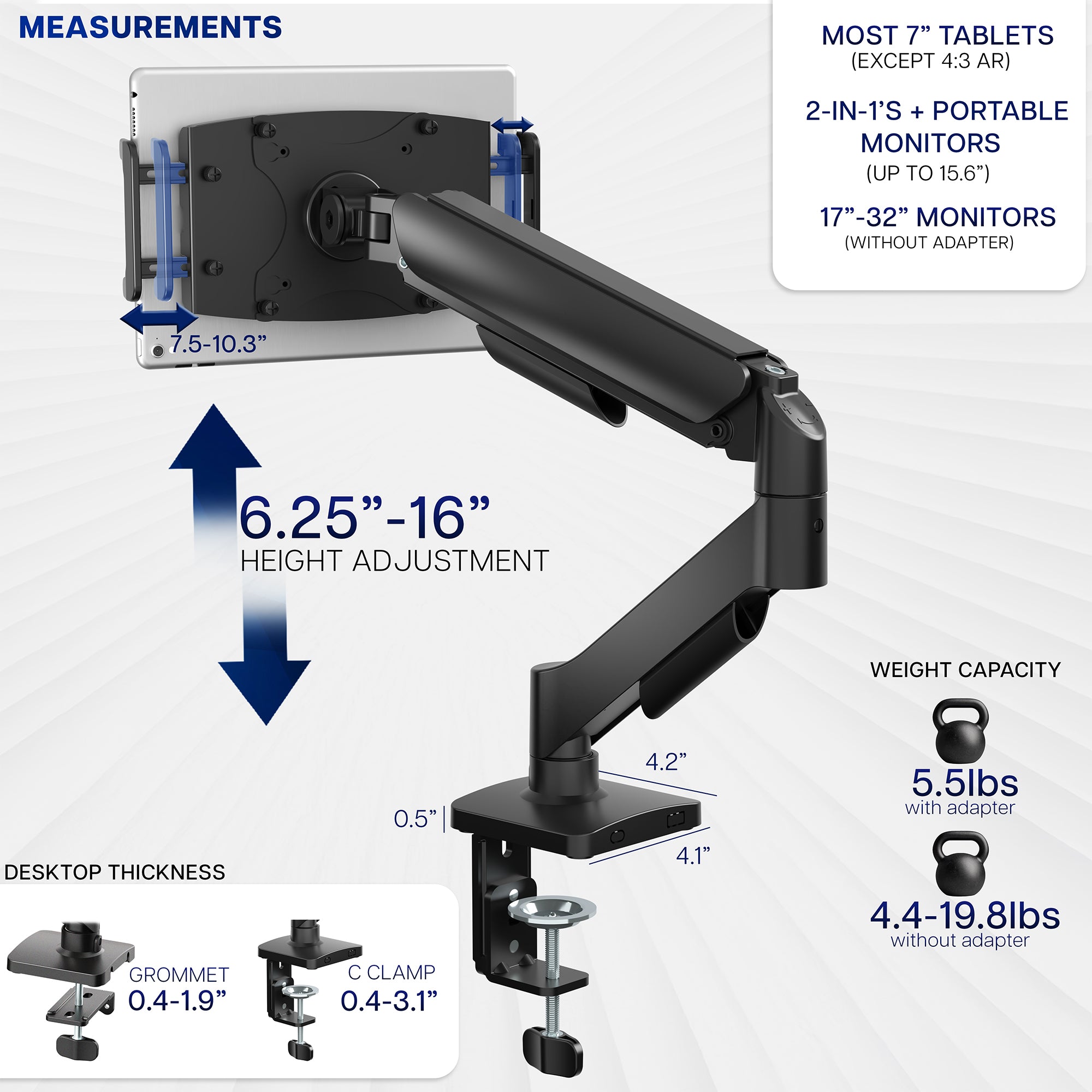 Single Mechanical Arm Desk Mount for Tablets, 2-in-1 Laptops, Portable Monitors