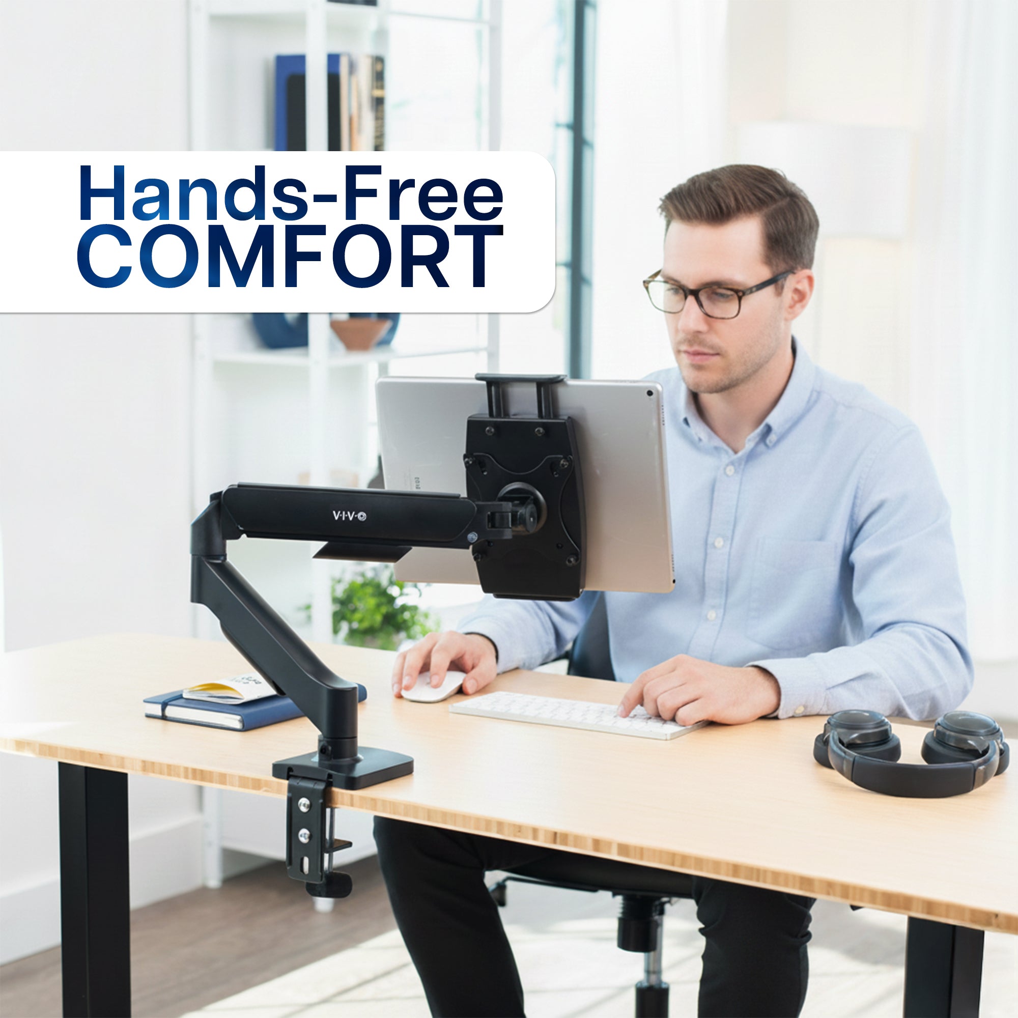 Single Mechanical Arm Desk Mount for Tablets, 2-in-1 Laptops, Portable Monitors