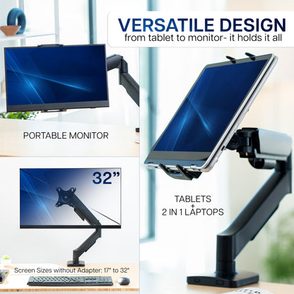 Single Mechanical Arm Desk Mount for Tablets, 2-in-1 Laptops, Portable Monitors