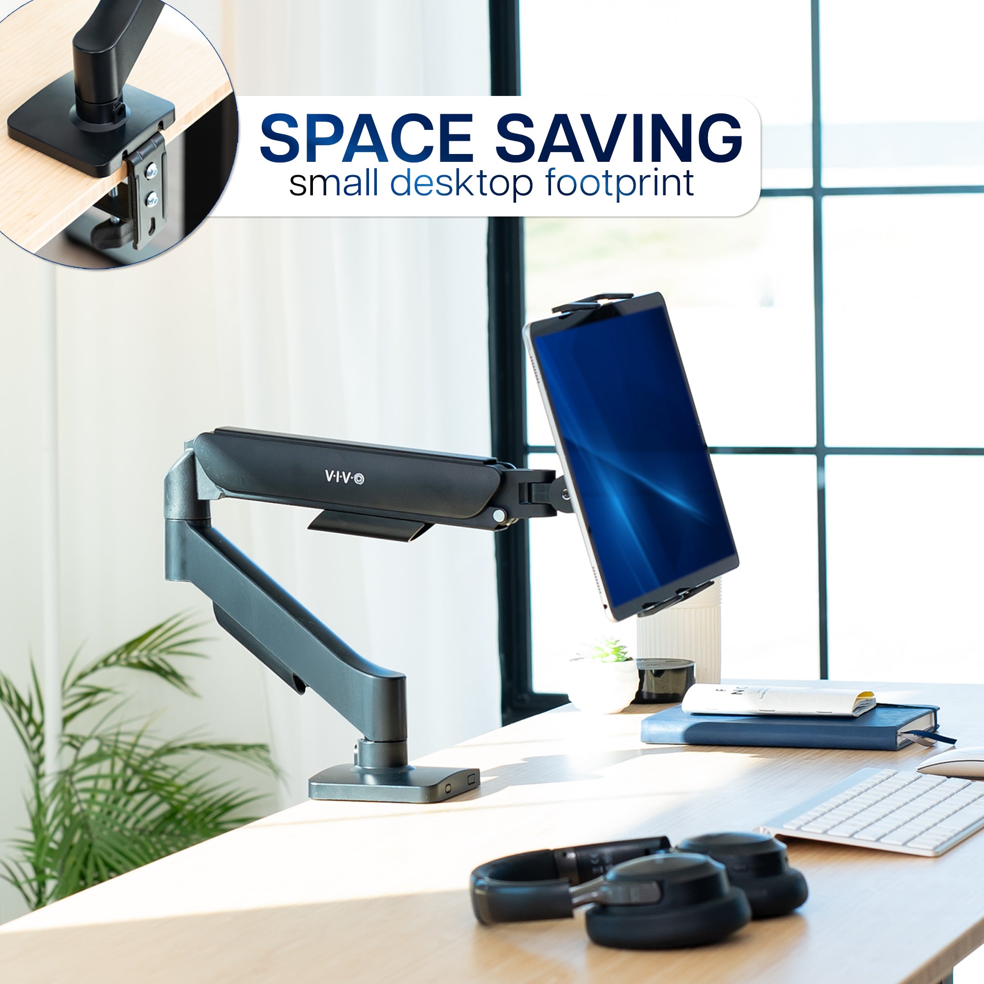 Single Mechanical Arm Desk Mount for Tablets, 2-in-1 Laptops, Portable Monitors