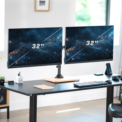 Dual monitor mount desk stand with wooden base. Featuring height adjustment, tilt, swivel, rotation, and built-in cable management.