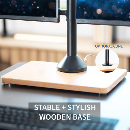 Dual monitor mount desk stand with wooden base. Featuring height adjustment, tilt, swivel, rotation, and built-in cable management.