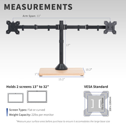 Dual monitor mount desk stand with wooden base. Featuring height adjustment, tilt, swivel, rotation, and built-in cable management.