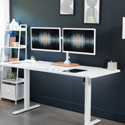 Dual monitor mount desk stand with wooden base. Featuring height adjustment, tilt, swivel, rotation, and built-in cable management.