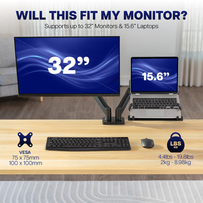 Mechanical Arm Single Monitor and Laptop Desk Mount - Up to 32" Screens, 15.6" Laptops