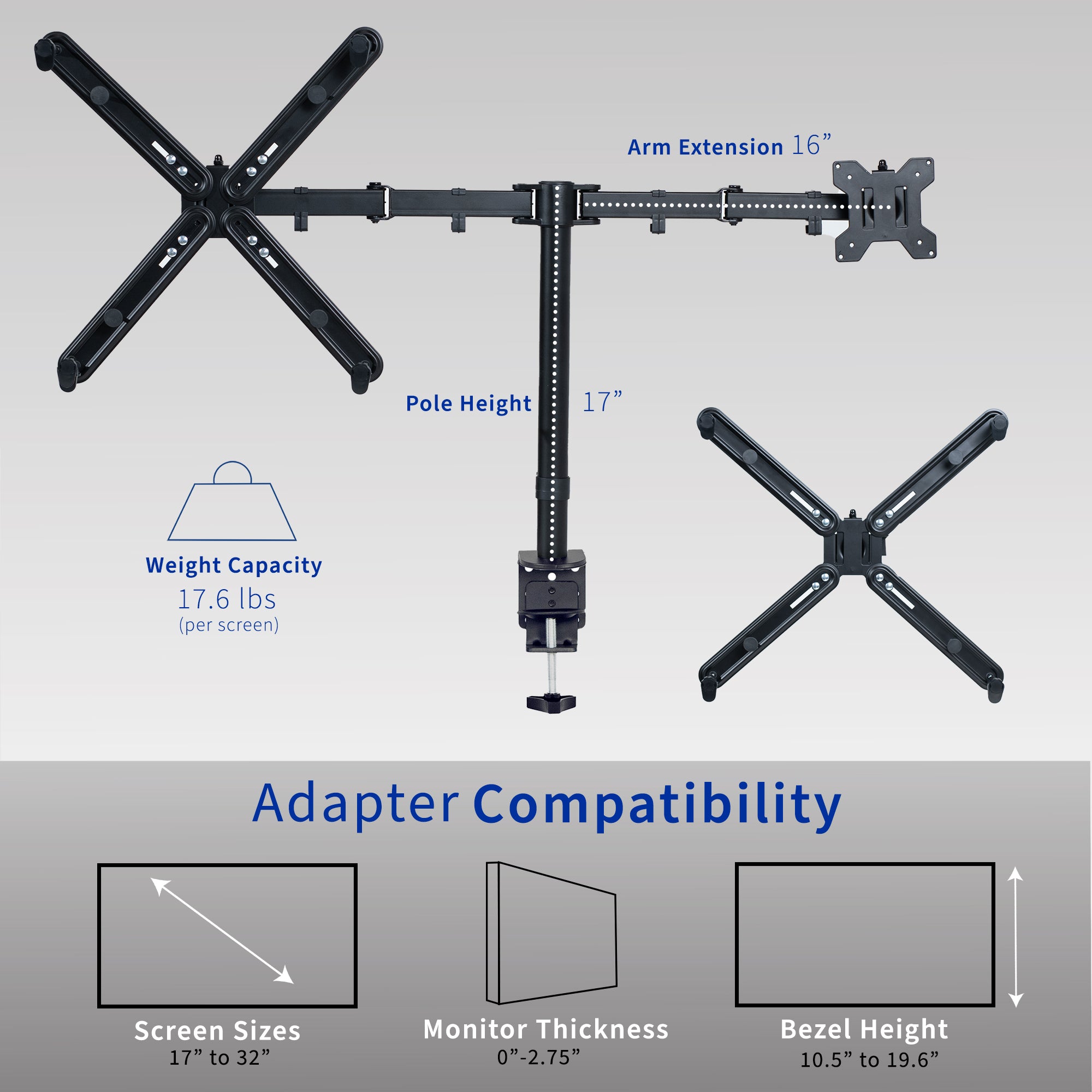 Measurements and Specifications for  Dual Monitor Desk Mount with VESA Adapter Bracket