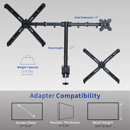 Measurements and Specifications for  Dual Monitor Desk Mount with VESA Adapter Bracket