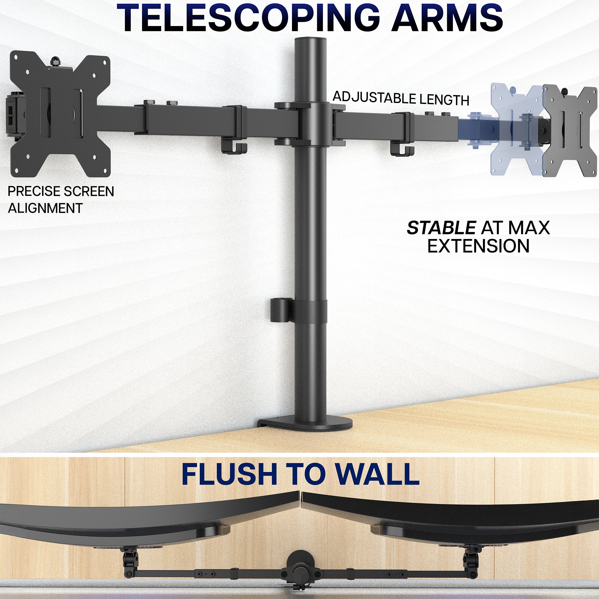 Telescoping arms monitor stand with features labeled on a white background
