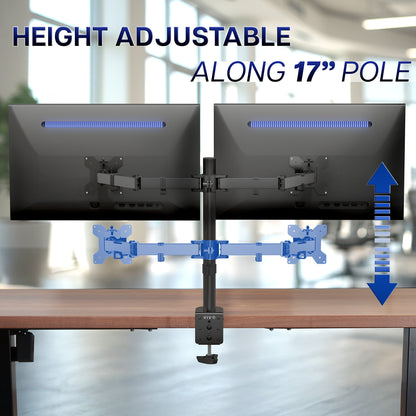 Height adjustable dual monitor stand with two monitors on a desk, showing height adjustment range.