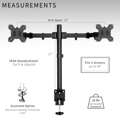 Sturdy adjustable dual monitor ergonomic desk mount for office workstation.