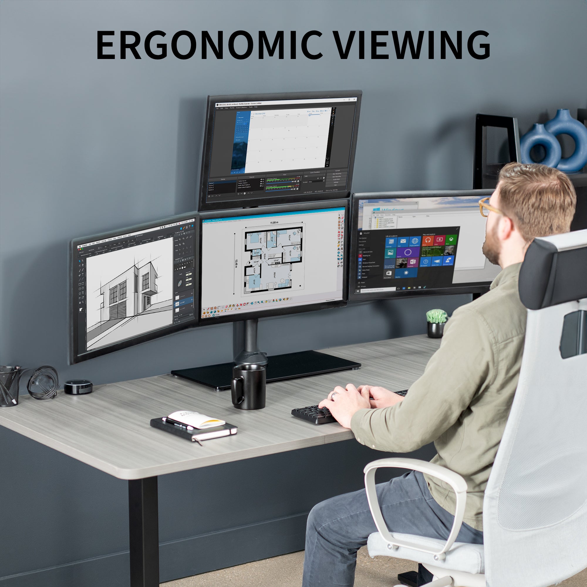 Sturdy height adjustable quad monitor desk stand.